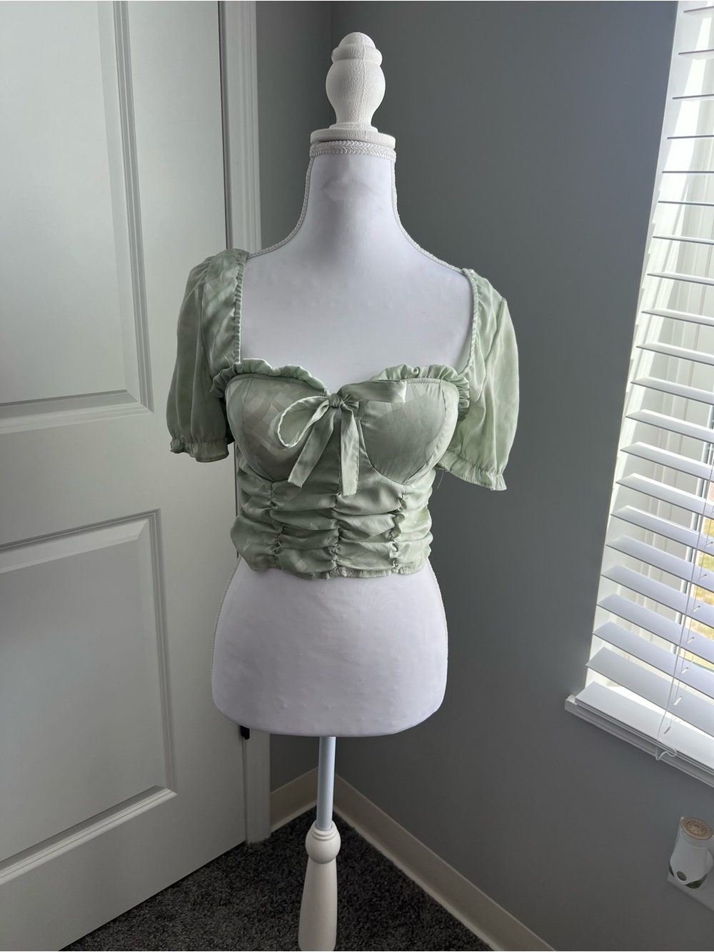 Haute Monde Sage Green Ruched Tie-Front Puff Sleeve Crop Top